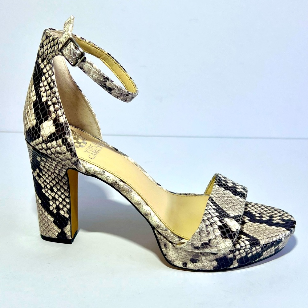 Vince Camuto Snake Print Ankle Strap Block Heel in Beige and Black